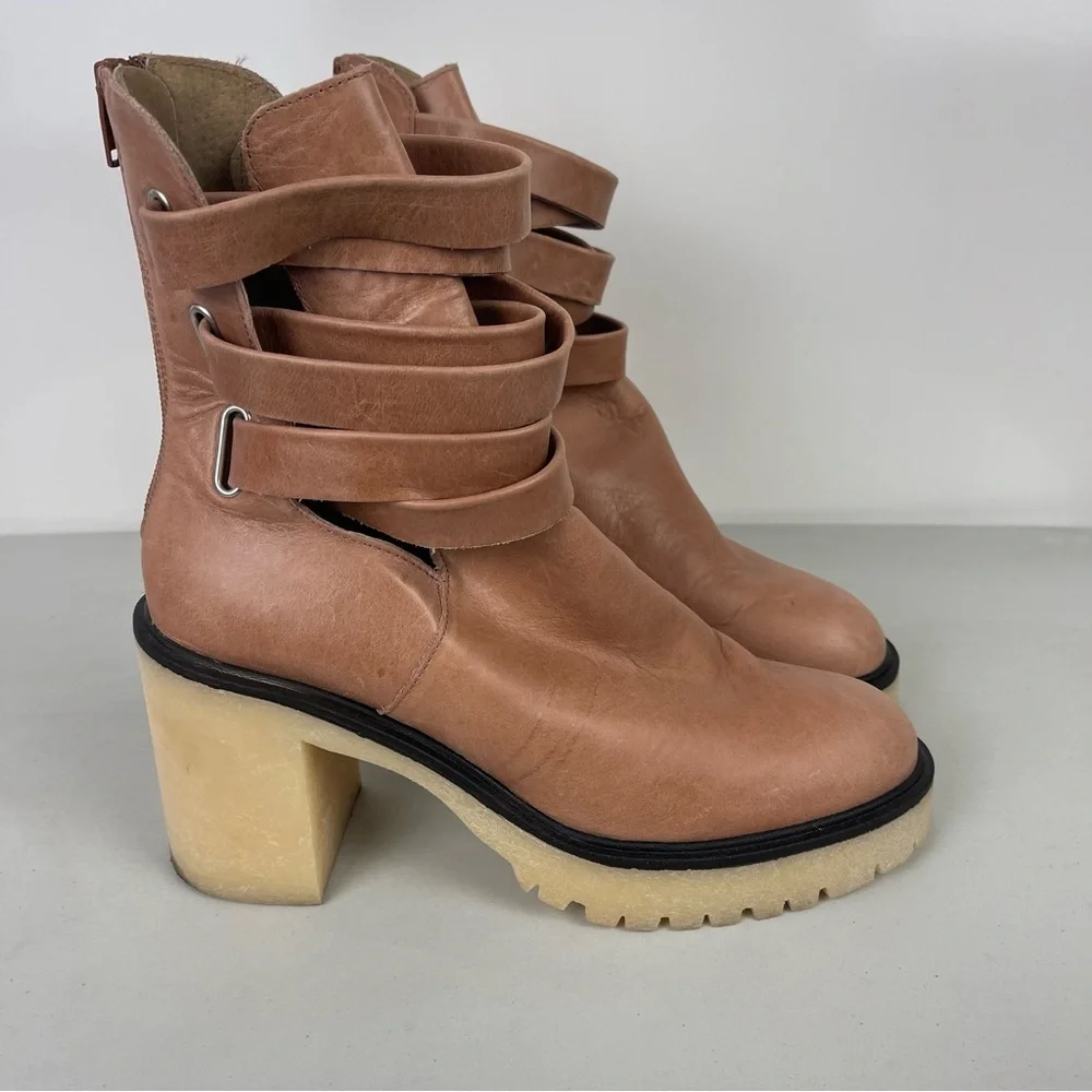 Free People Tan Leather Strappy Jesse Cutout Boots Chunky Women's Size 41 US 10